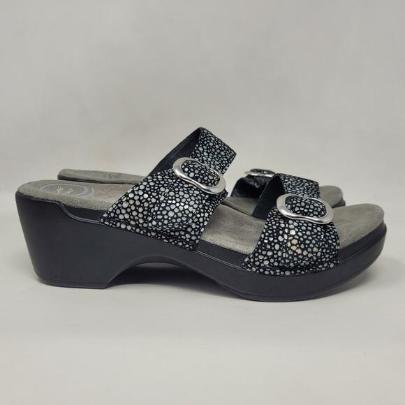 Dansko Sandals EU38 US8 Black Shagreen Sophie Leather Slides Heeled Slip On - Picture 2 of 11
